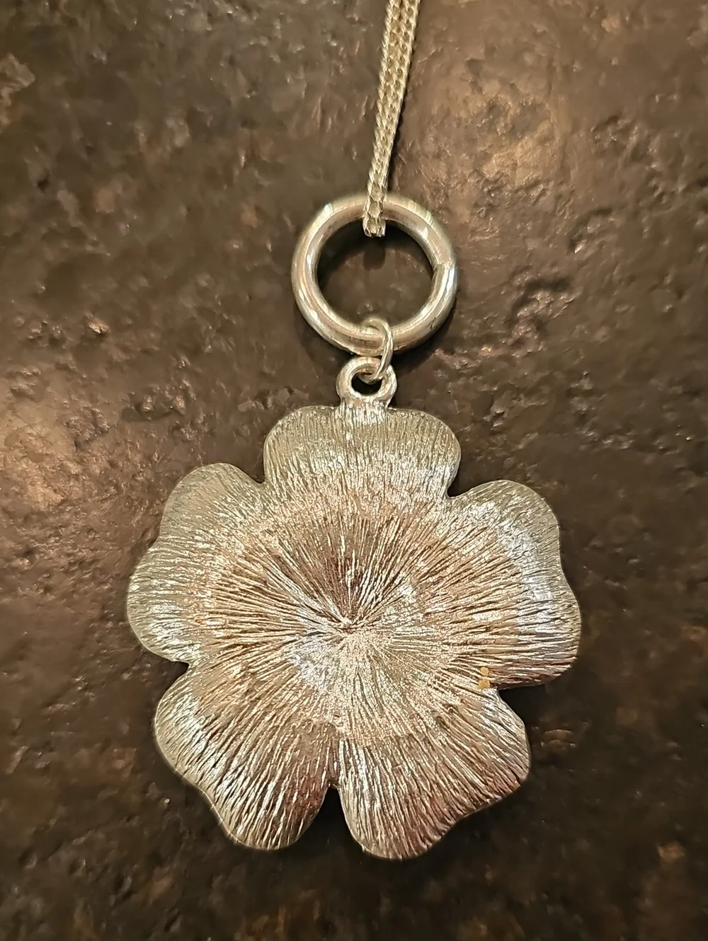 Silvertone And Purple Enamel Flower Pendant Necklace w/ Crystal Accent - Picture 6 of 6
